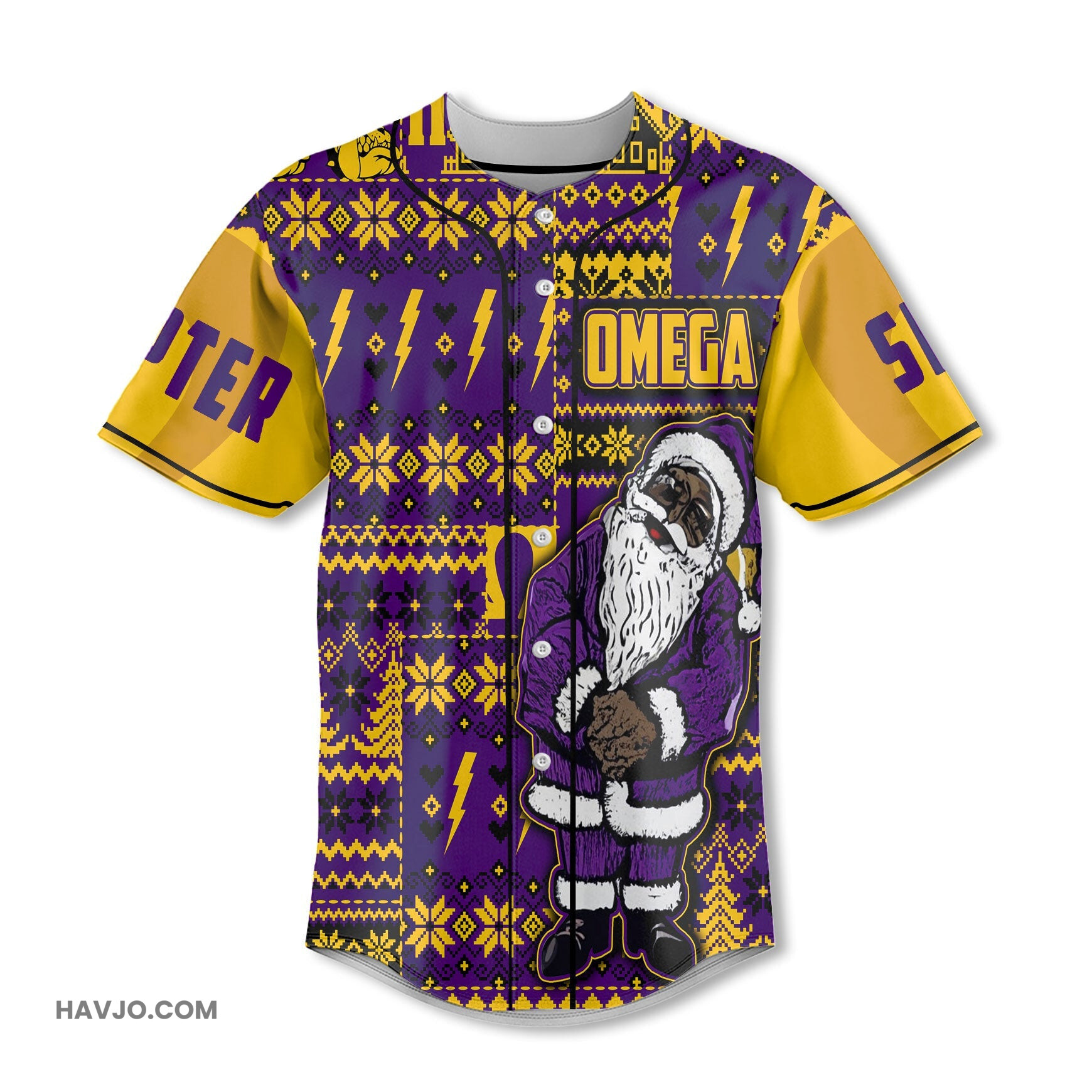 Fraternity Personalized OPP Christmas Bulldog & Santa Claus Omega Style Baseball Jersey