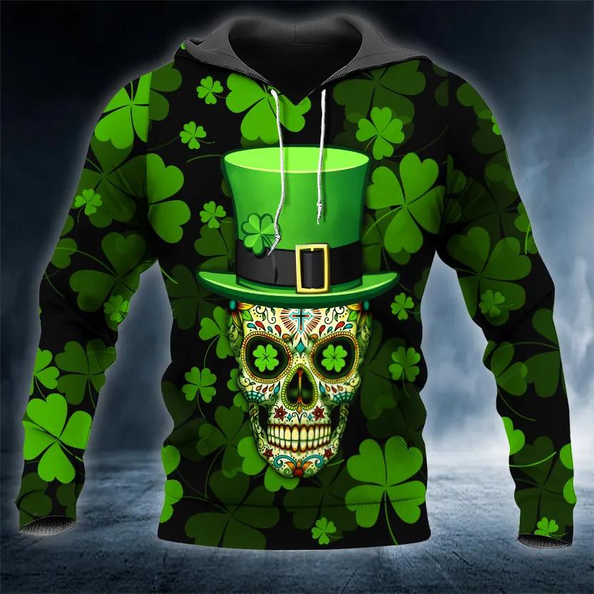 Funny 4 Leaf Clover Patrick's Day Sugar Skull 3D All Over Print Hoodie
