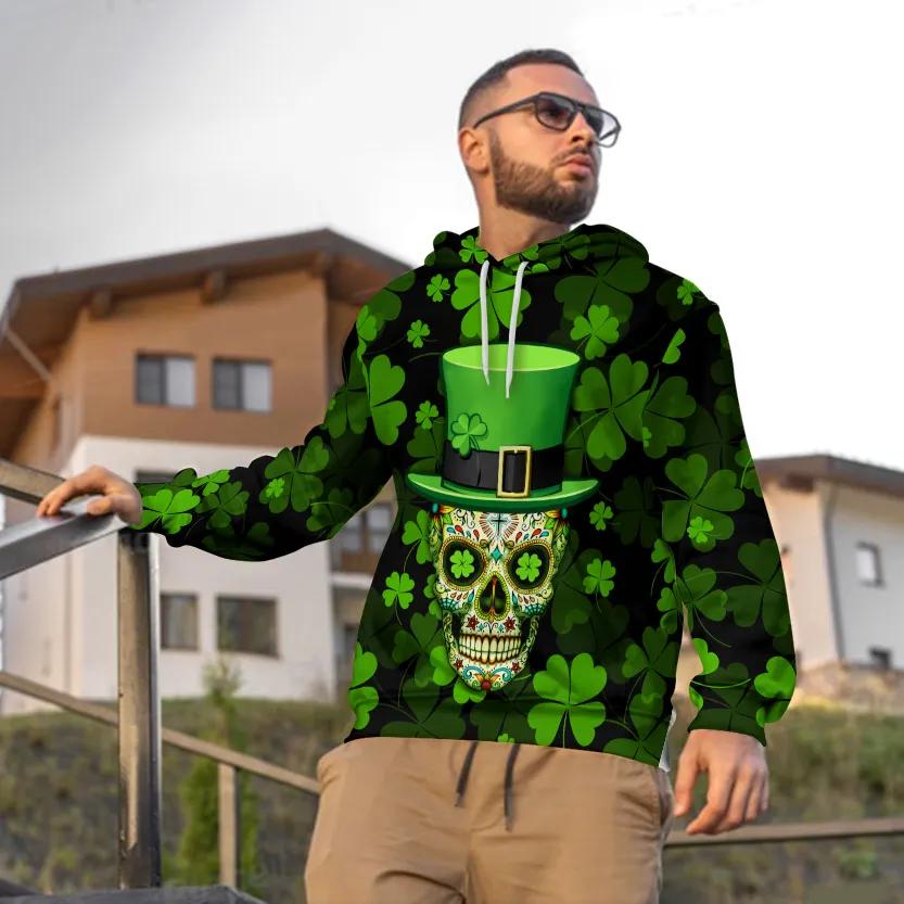 Alternative view of Funny 4 Leaf Clover Patrick's Day Sugar Skull 3D All Over Print Hoodie