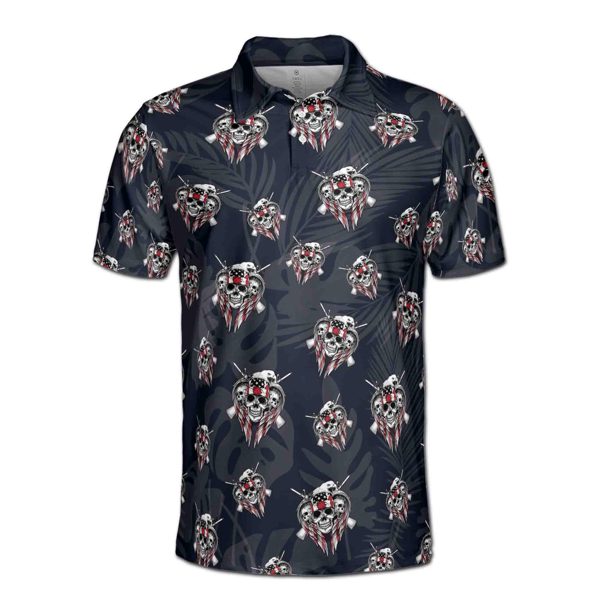 Alternative view of Funny American Flag Skull 4th of July Independence Day Men's Polo Shirt