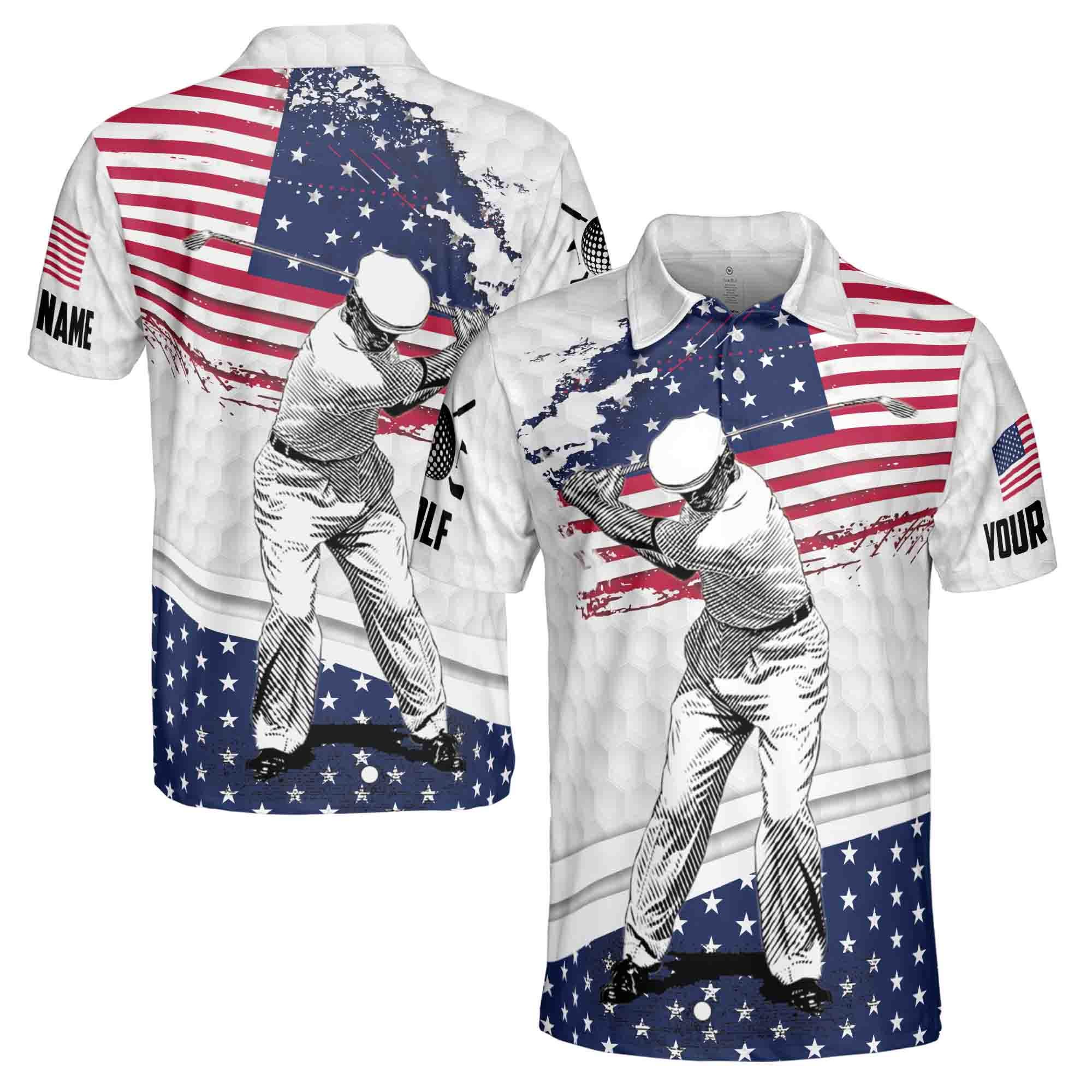 Funny American Golfer, Retro American Flag USA Team Golfing Men's Polo Shirt