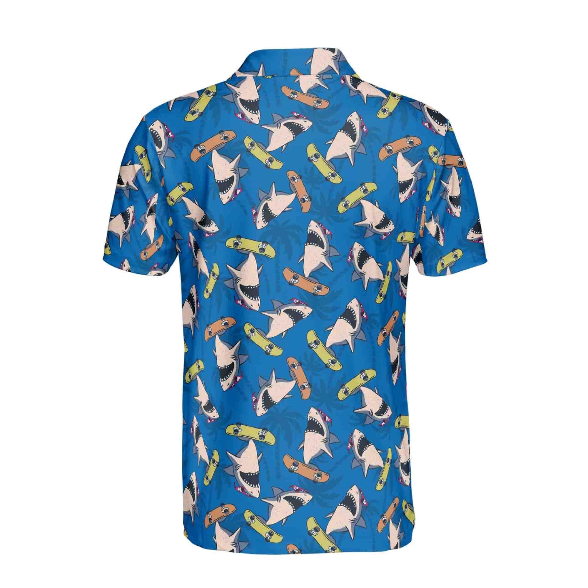 Alternative view of Funny Blue Shark Skateboard Player Tropical Beach Men's Polo Shirt