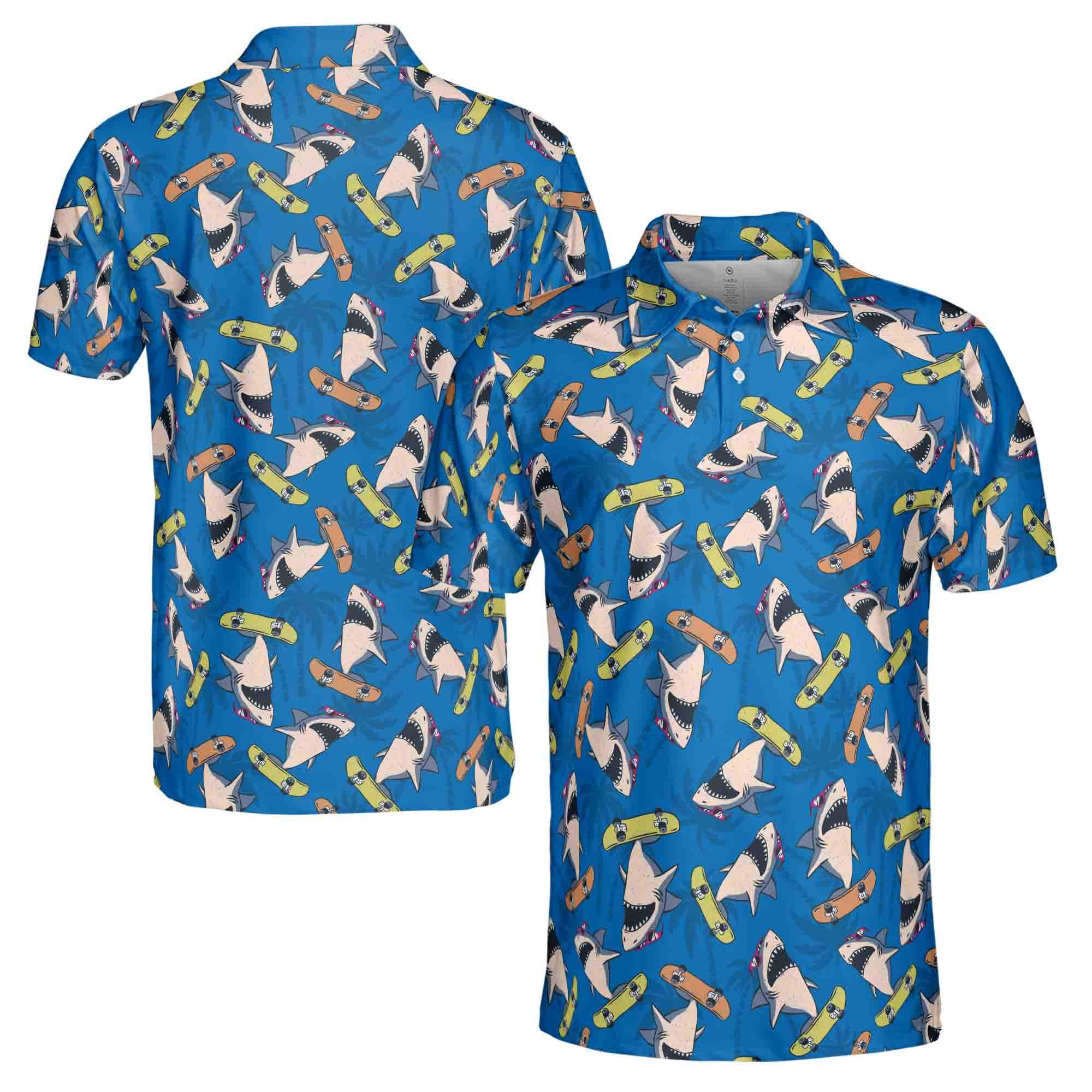 Funny Blue Shark Skateboard Player Tropical Beach Men's Polo Shirt