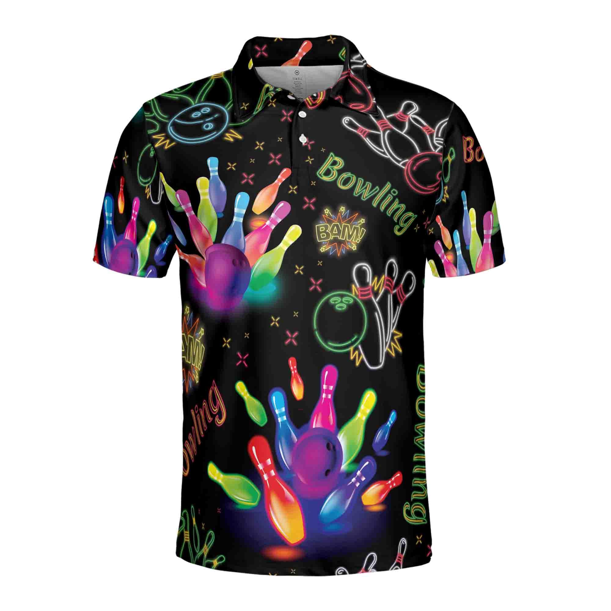 Alternative view of Funny Bowling Ball Colorful Neon Bowling Pins Men's Polo Shirt
