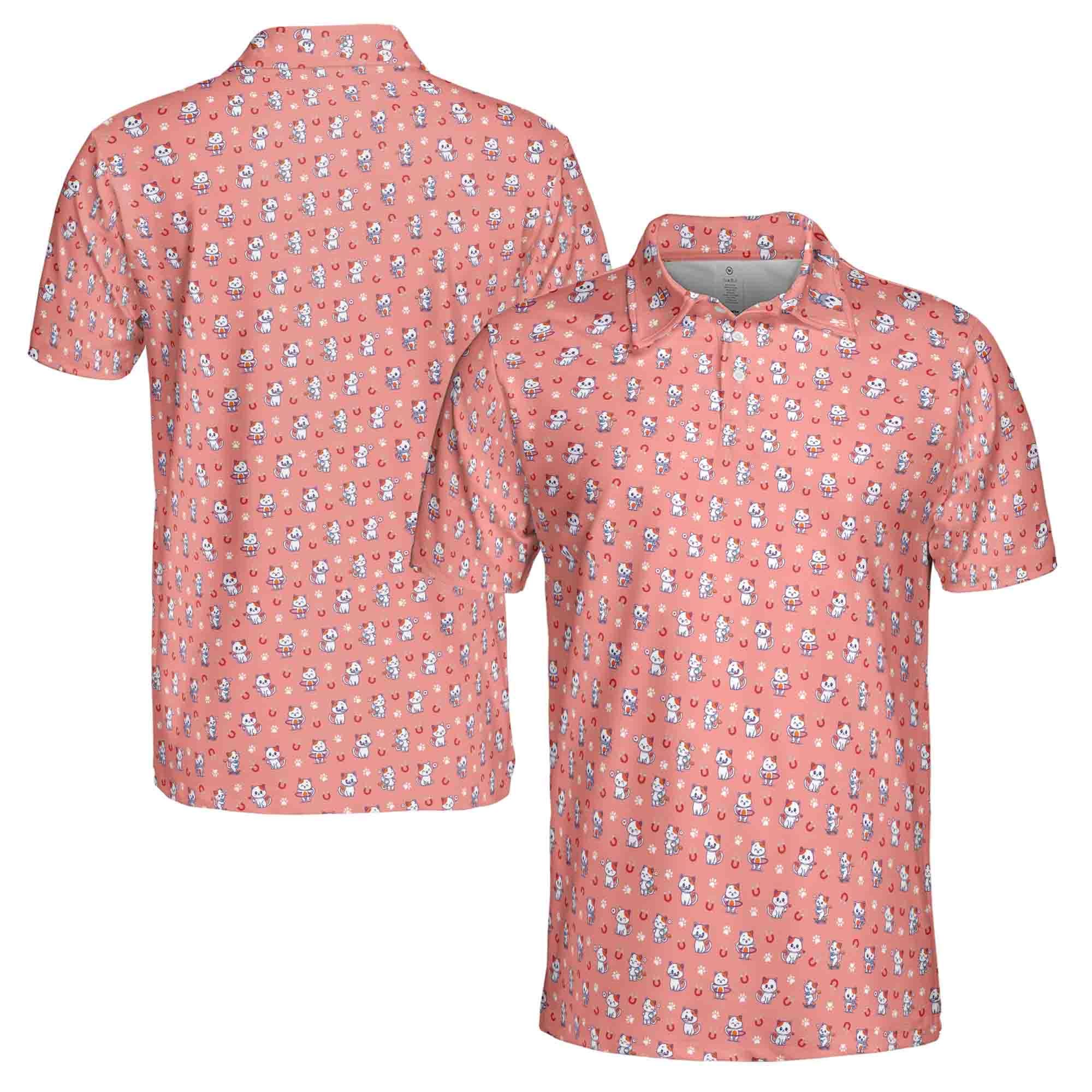 Funny Cat Print Men's Polo Shirt, Golf Lover Gift