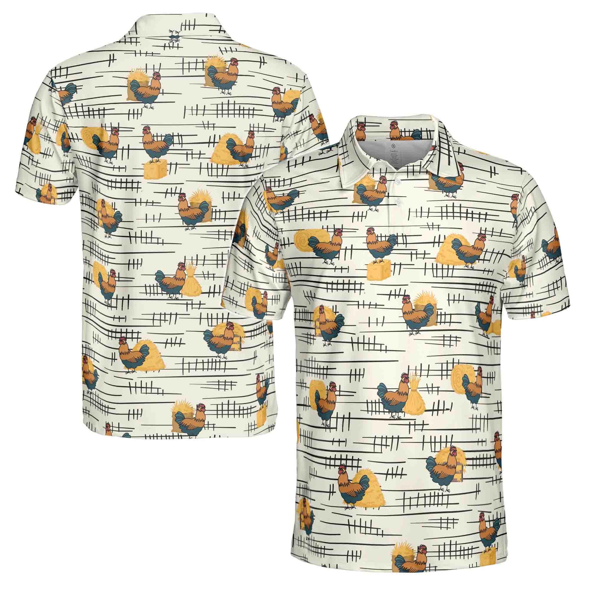 Funny Chicken Rooster Beside Haystacks Pattern Golf Men's Polo Shirt