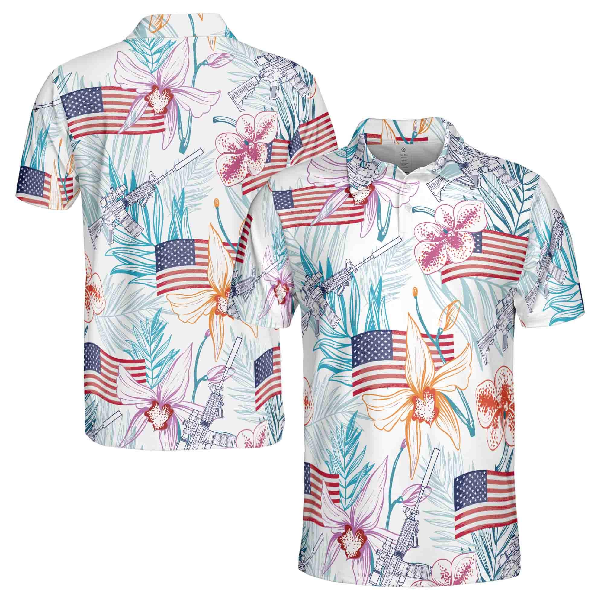 Funny Gun American Flag Floral Plants Retro Golf Men's Polo Shirt