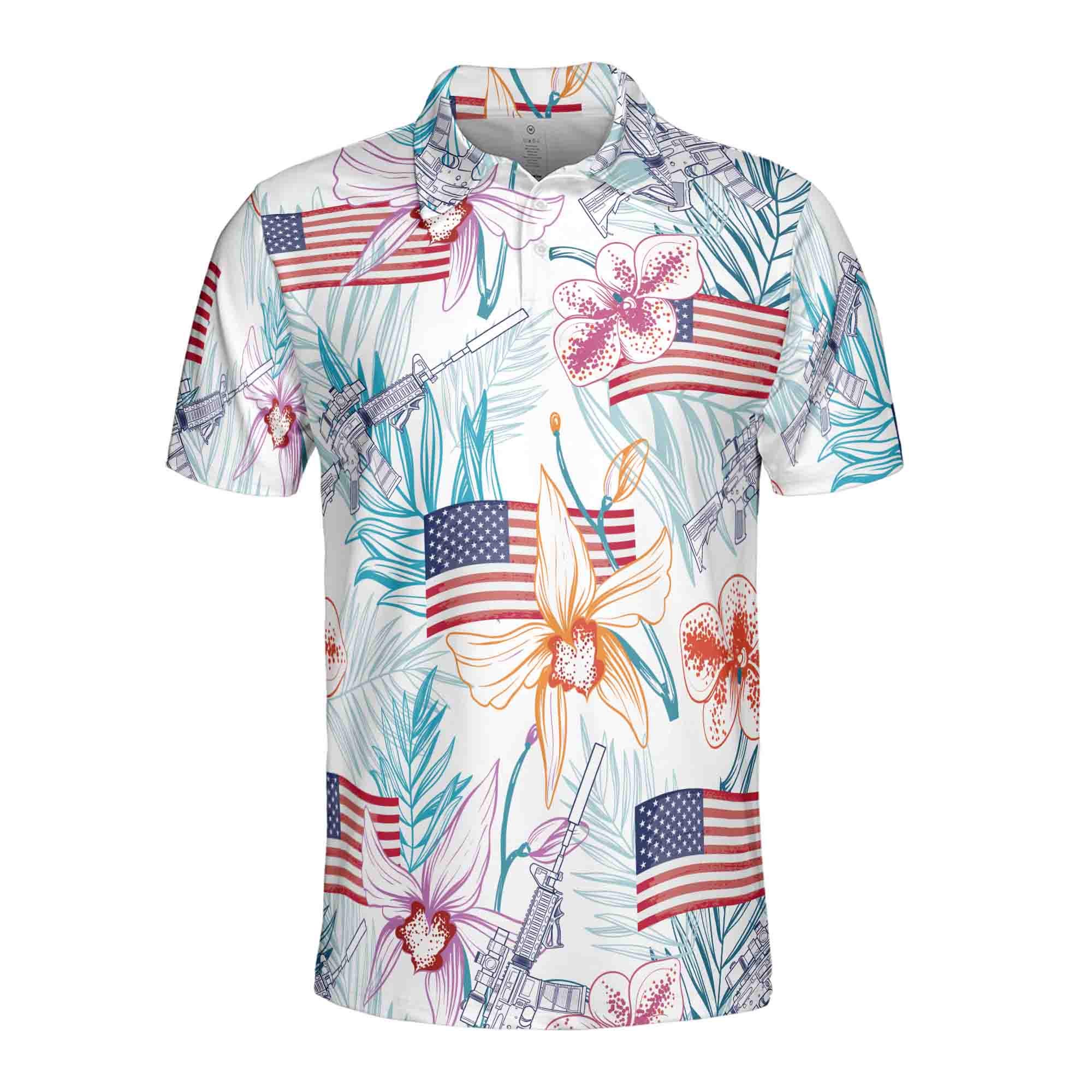 Alternative view of Funny Gun American Flag Floral Plants Retro Golf Men's Polo Shirt