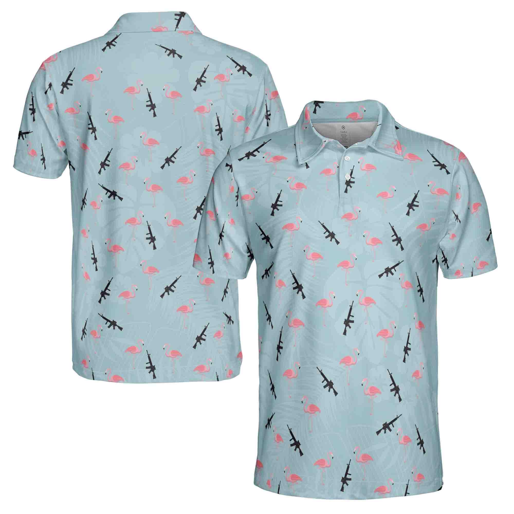 Funny Gun Pink Flamingo Floral Plants Golf Men's Polo Shirt