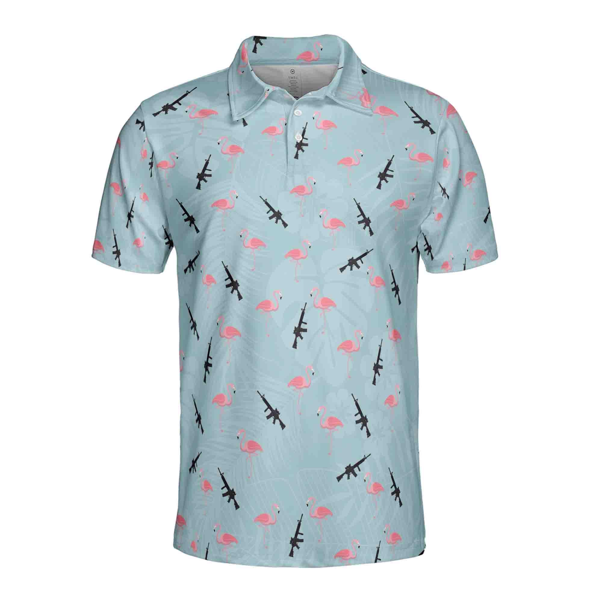 Alternative view of Funny Gun Pink Flamingo Floral Plants Golf Men's Polo Shirt