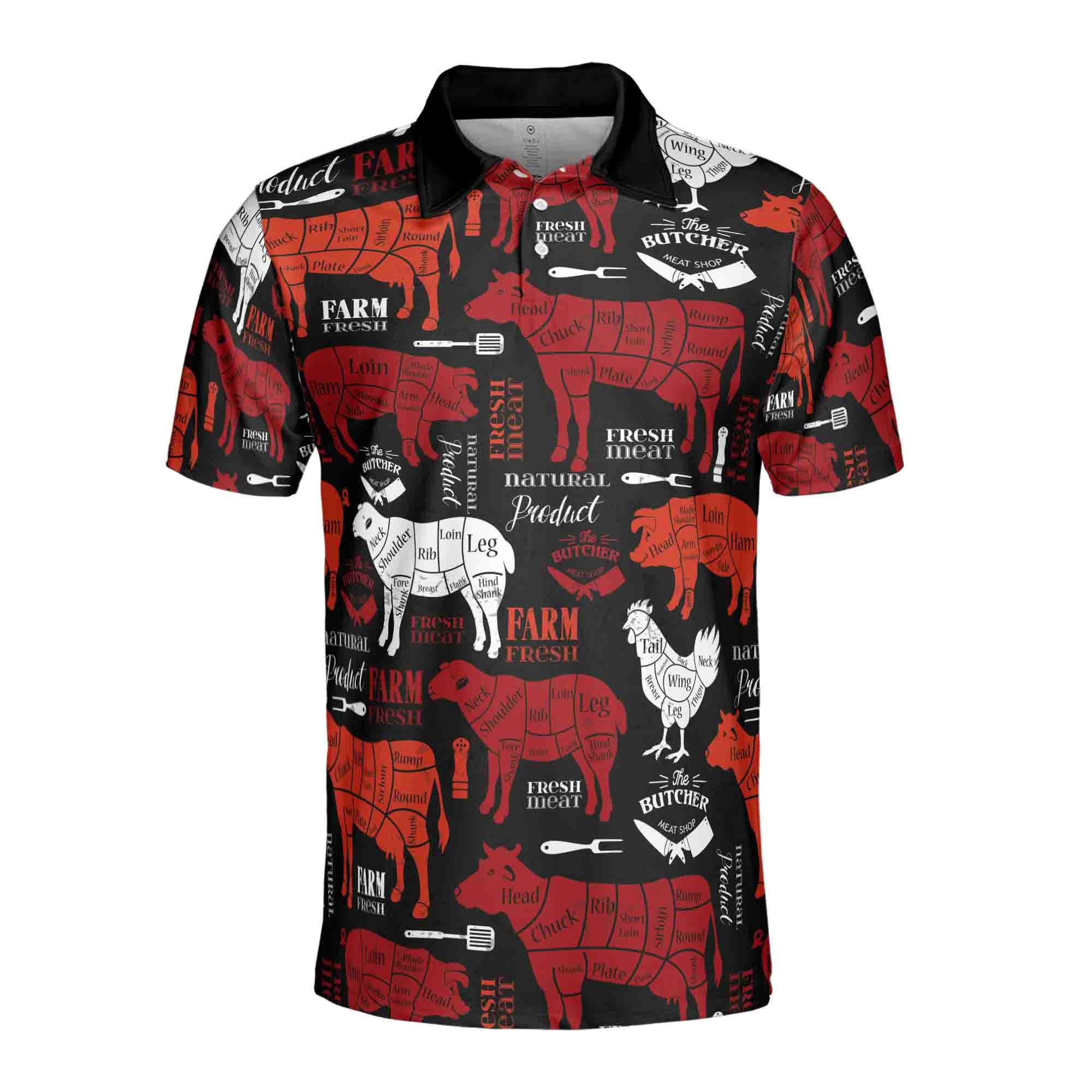 Alternative view of Funny Meat Cuts Shirt, Animal Silhouette Butcher Men's Polo Shirt