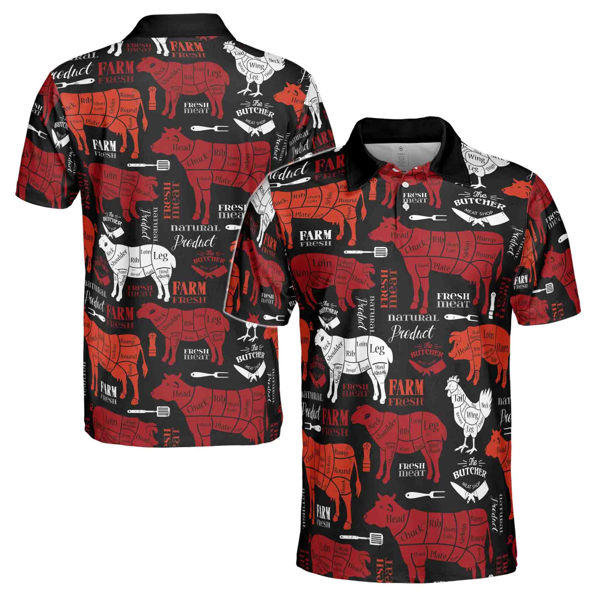 Funny Meat Cuts Shirt, Animal Silhouette Butcher Men's Polo Shirt