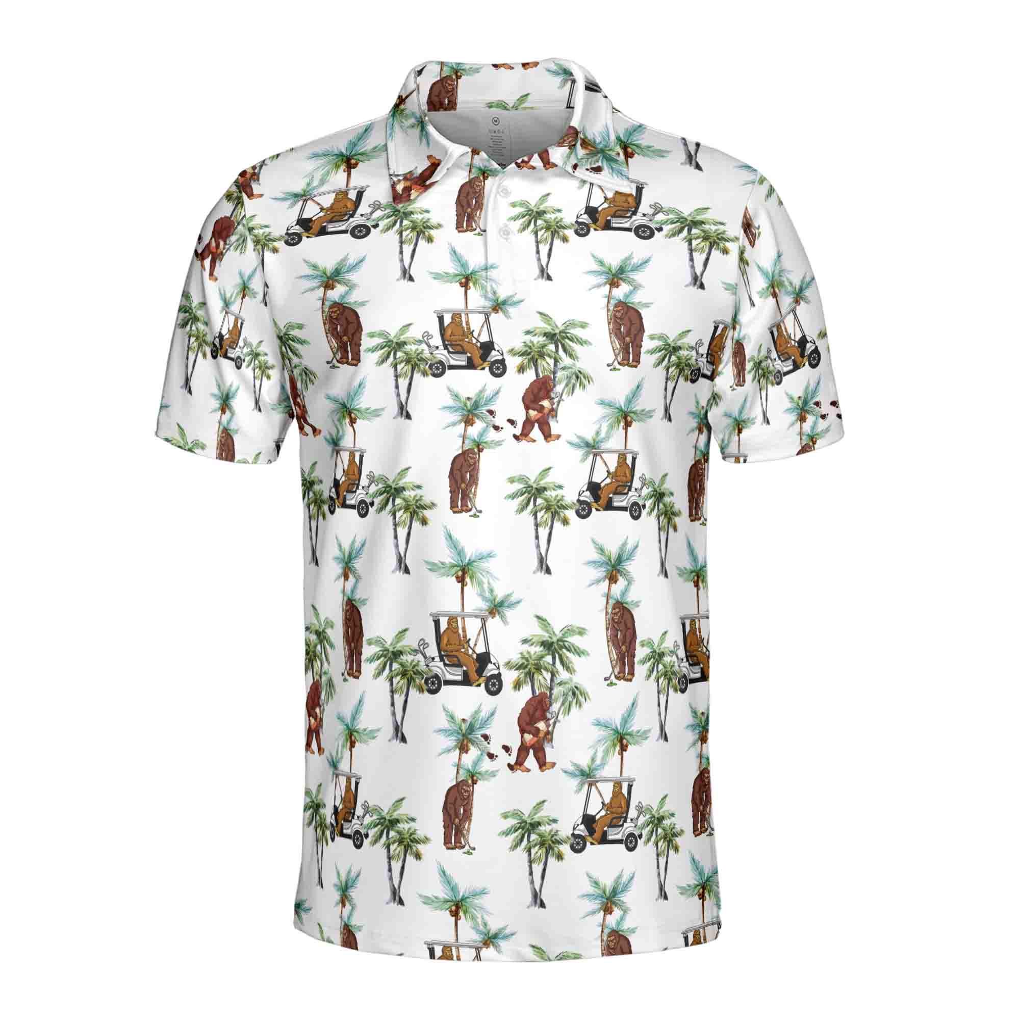 Alternative view of Funny Sasquatch Bigfoot Playing Golf, Tropical Golf Gift Polo Shirt