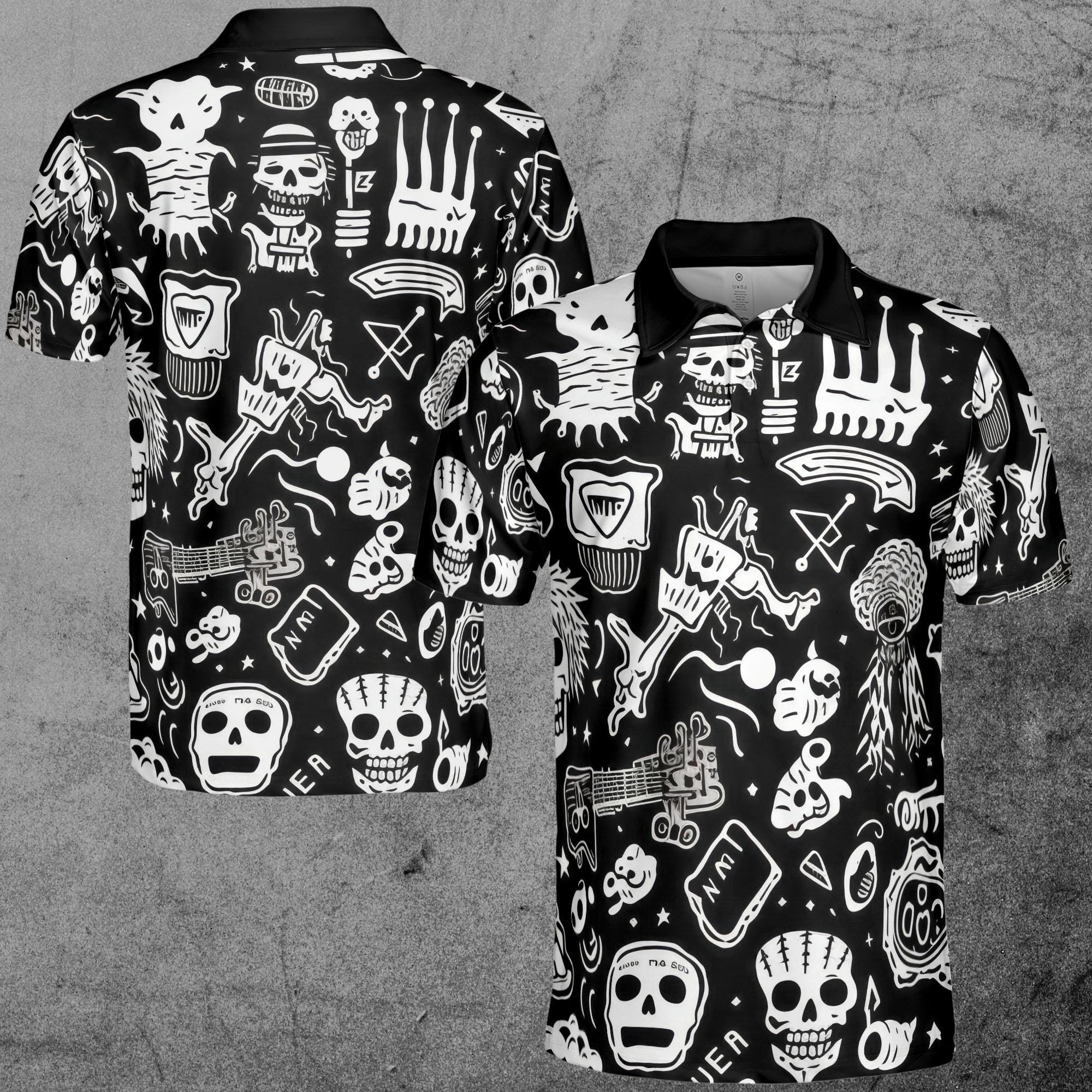 Funny Skull Punk Stuff Black White 3D Polo Shirt