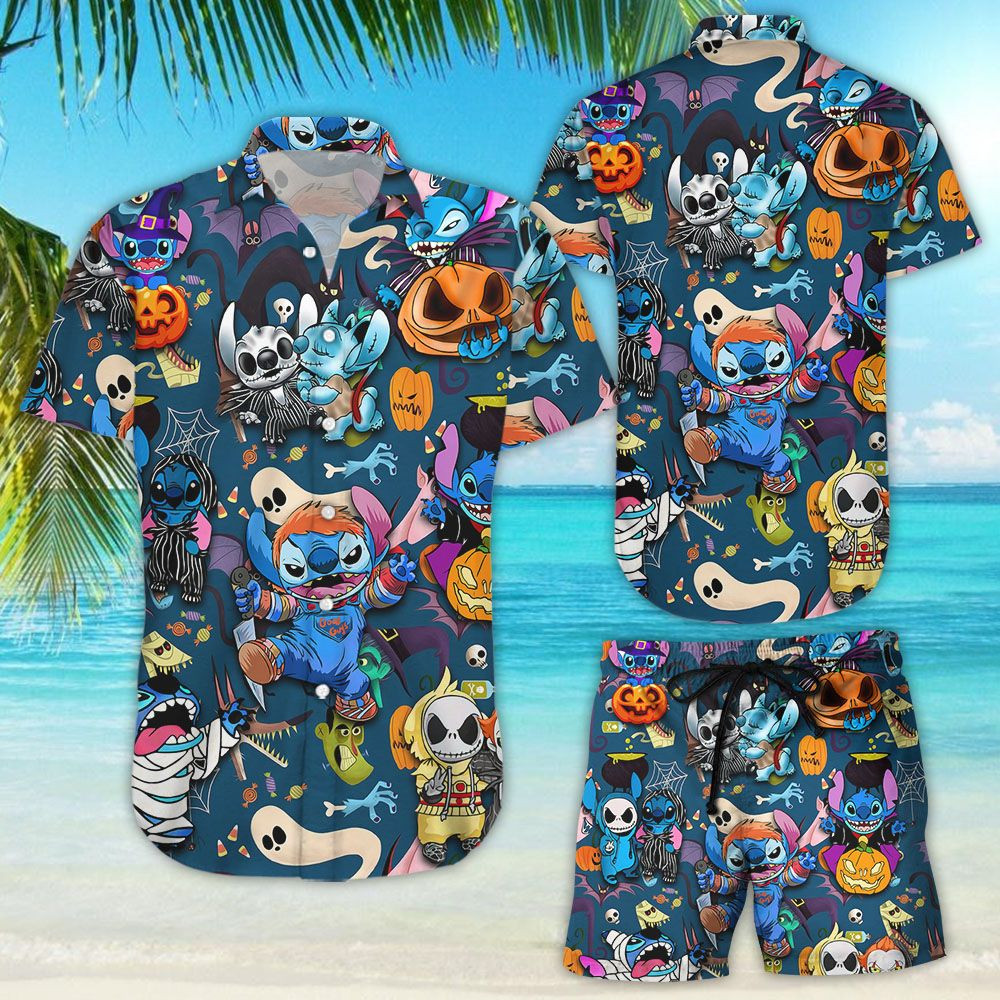 Funny Stitch Halloween Hawaiian Shirt Tropical Aloha Button Up