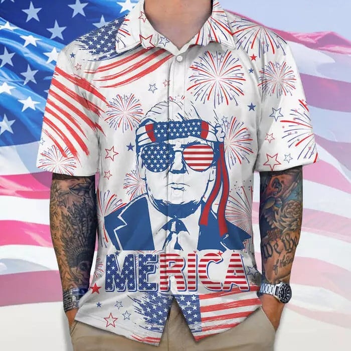 Funny Trump Merica America Flag Hawaiian Shirt Patriotic Trump 4th of July Shirt Gift For Friends