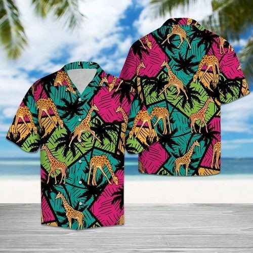 Giraffe Coconut Palm Tree Hawaiian Shirt Tropical Aloha Button Up