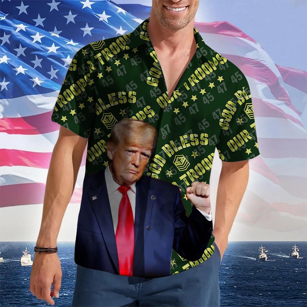 God Bless Our Troops Hawaiian Shirt Trump 2024 Merch Patriotic Button Up Gifts For Veterans