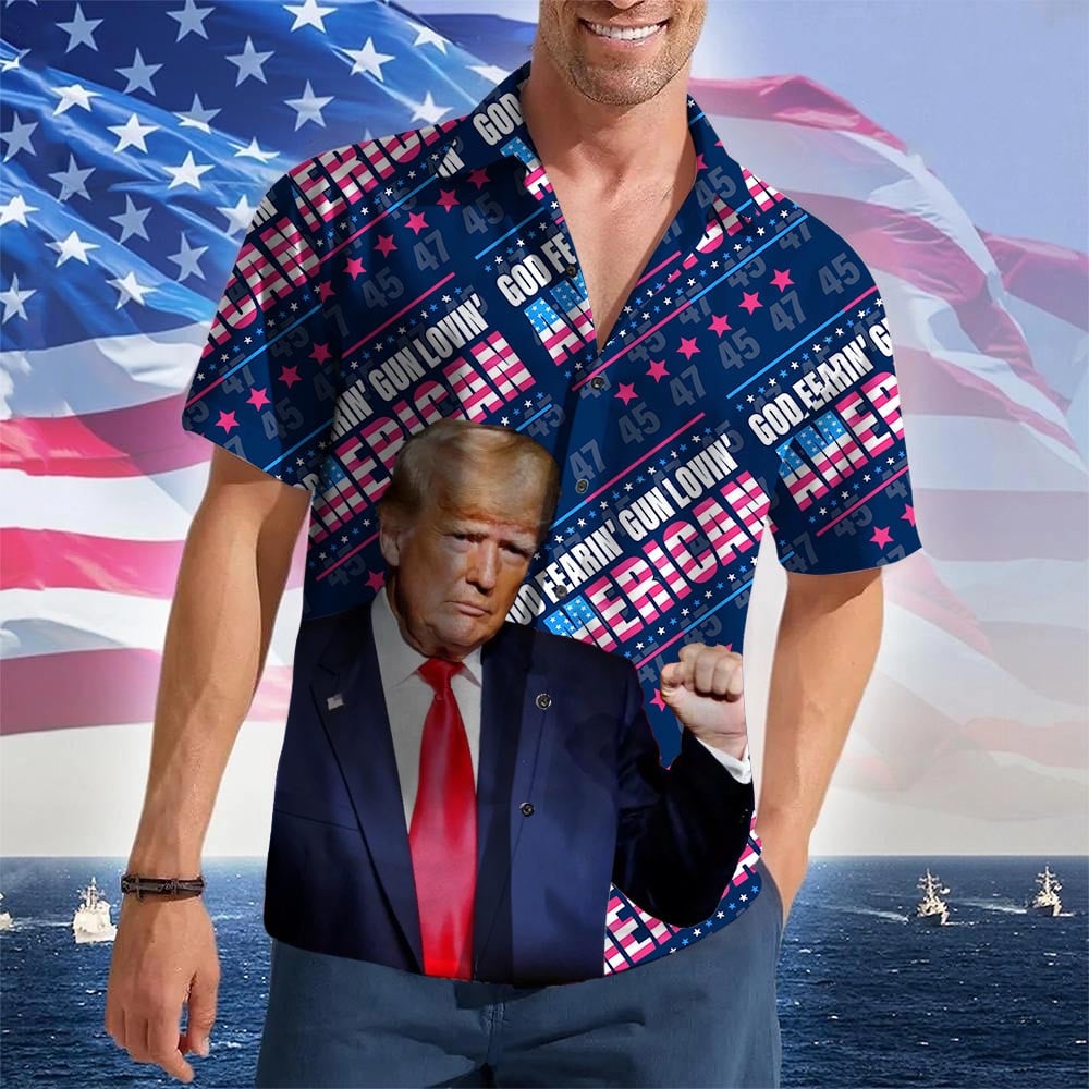 God Fearing Gun Loving American Hawaiian Shirt Trump 2024 Patriotic Button Up Gun Lovers Gifts