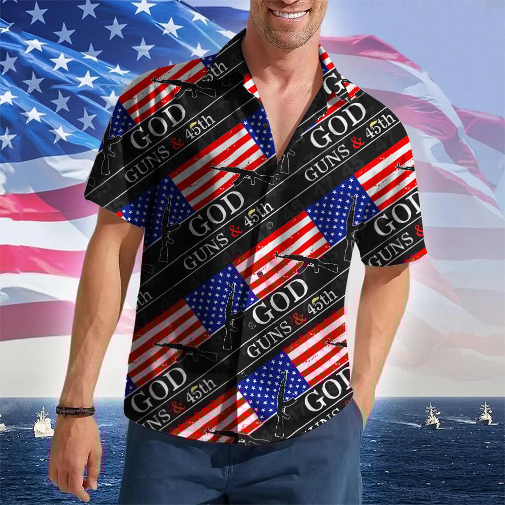 God Guns And 45th Hawaiian Shirt Support Trump For President 2024 MAGA Merch Gun Lovers Gifts
