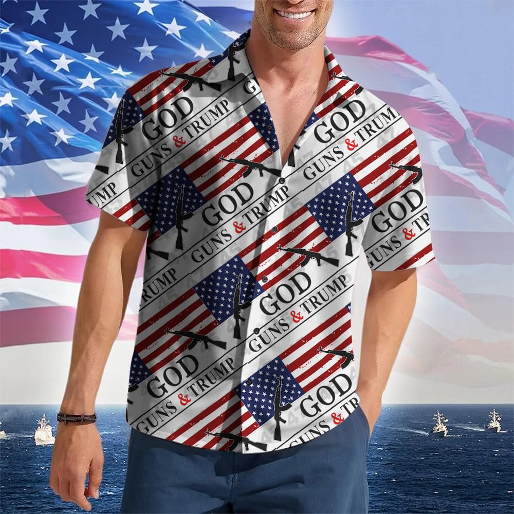 God Guns And Trump Hawaiian Shirt Trump 2024 Merch Pro Gun Rights Patriotic Button Up Shirt