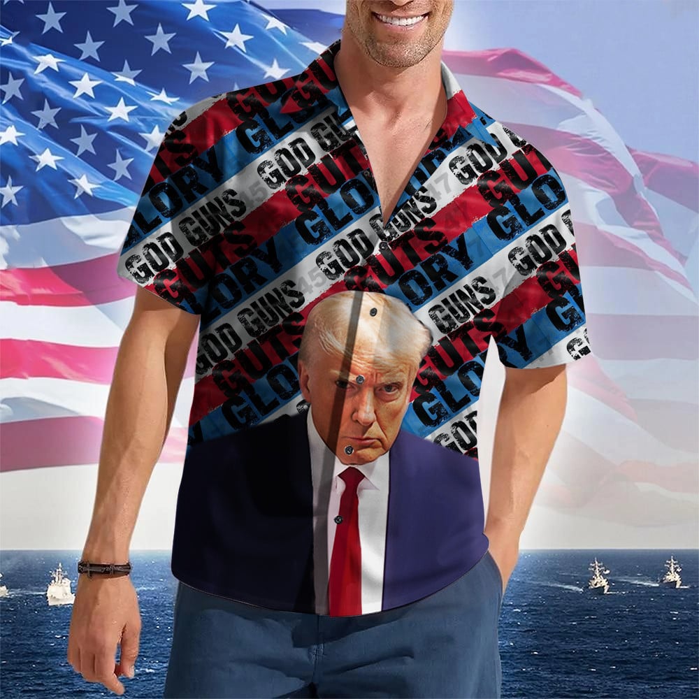God Guns Guts Glory Hawaiian Shirt Trump 2024 Merch Trump For President 47 Patriotic Button Up
