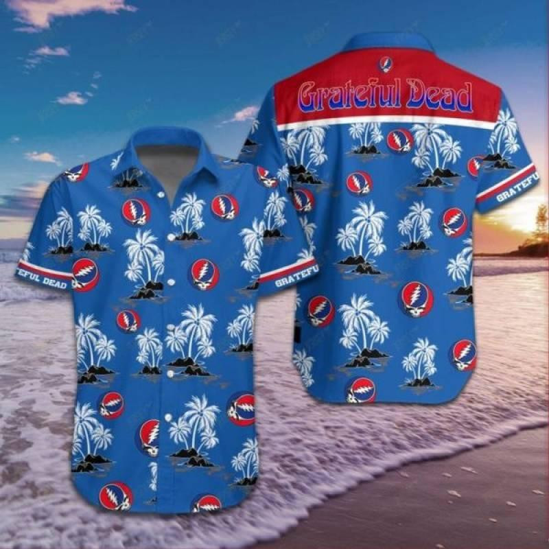 Grateful Dead Band Palm Tree Hawaiian Shirt Tropical Aloha Button Up