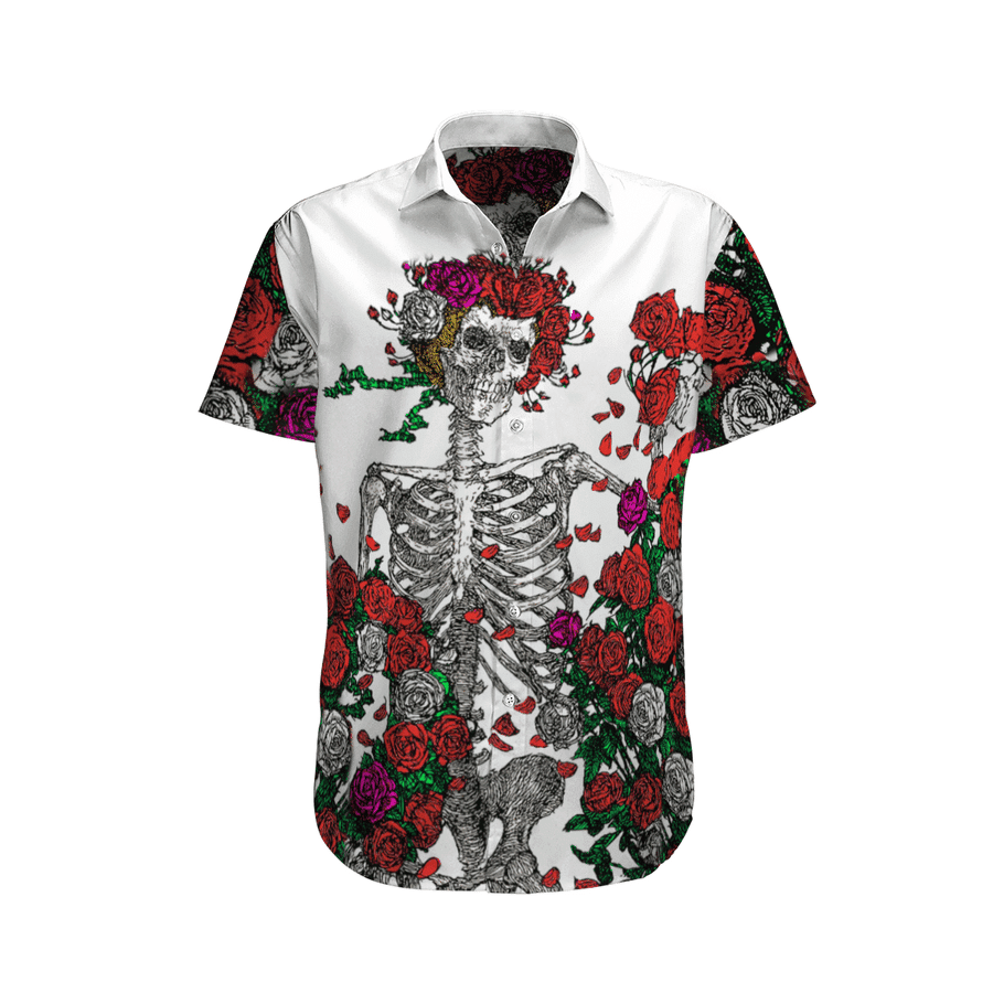Gratefull Skull Flowers Hawaiian Shirt Tropical Aloha Button Up