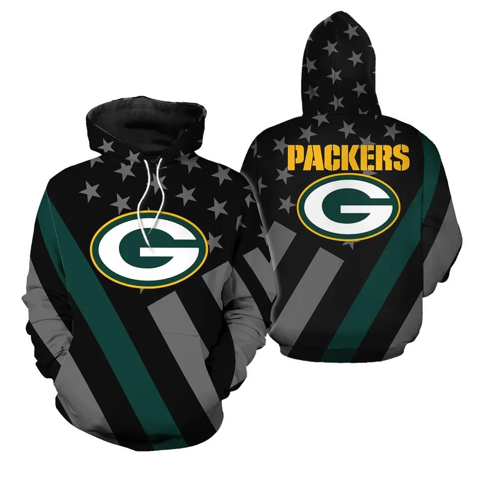 Green Bay Packers American Flag BlackNFL 3D All Over Print Hoodie