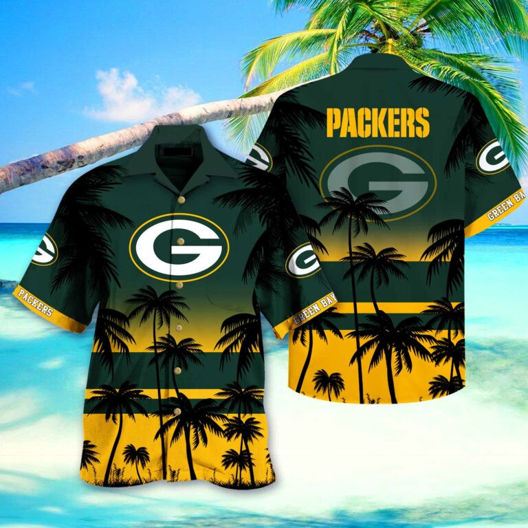 Green Bay Packers Coconut Trees Hawaiian Shirt Tropical Aloha Button Up