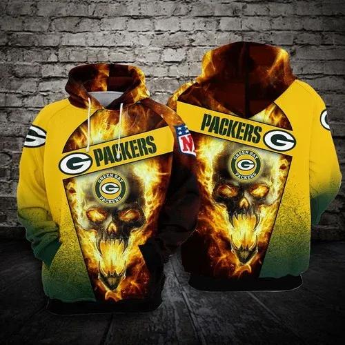 Green Bay Packers Football Skull Fire NFL 3D All Over Print Hoodie