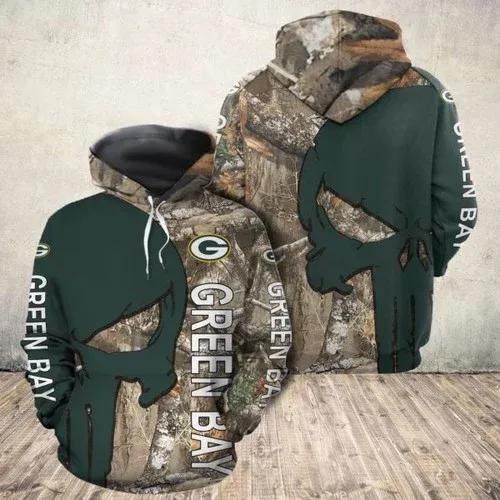 Green Bay Packers Punisher Skull Tree Camo NFL 3D All Over Print Hoodie