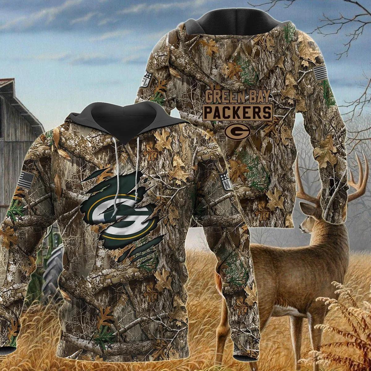 Green Bay Packers Realtree Hunting Camo NFL 3D All Over Print Hoodie