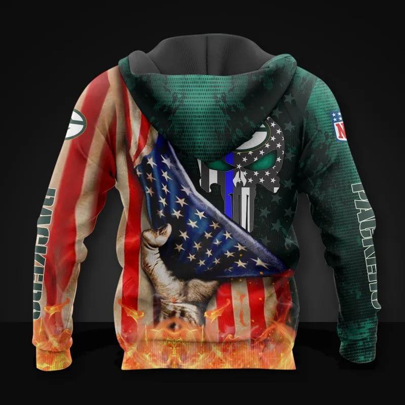 Alternative view of Green Bay Packers Skull American Flag NFL 3D All Over Print Hoodie