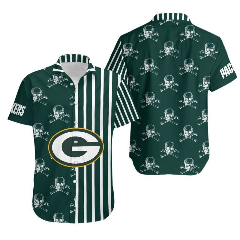 Green Bay Packers Stripes And Skull Hawaiian Shirt Tropical Aloha Button Up