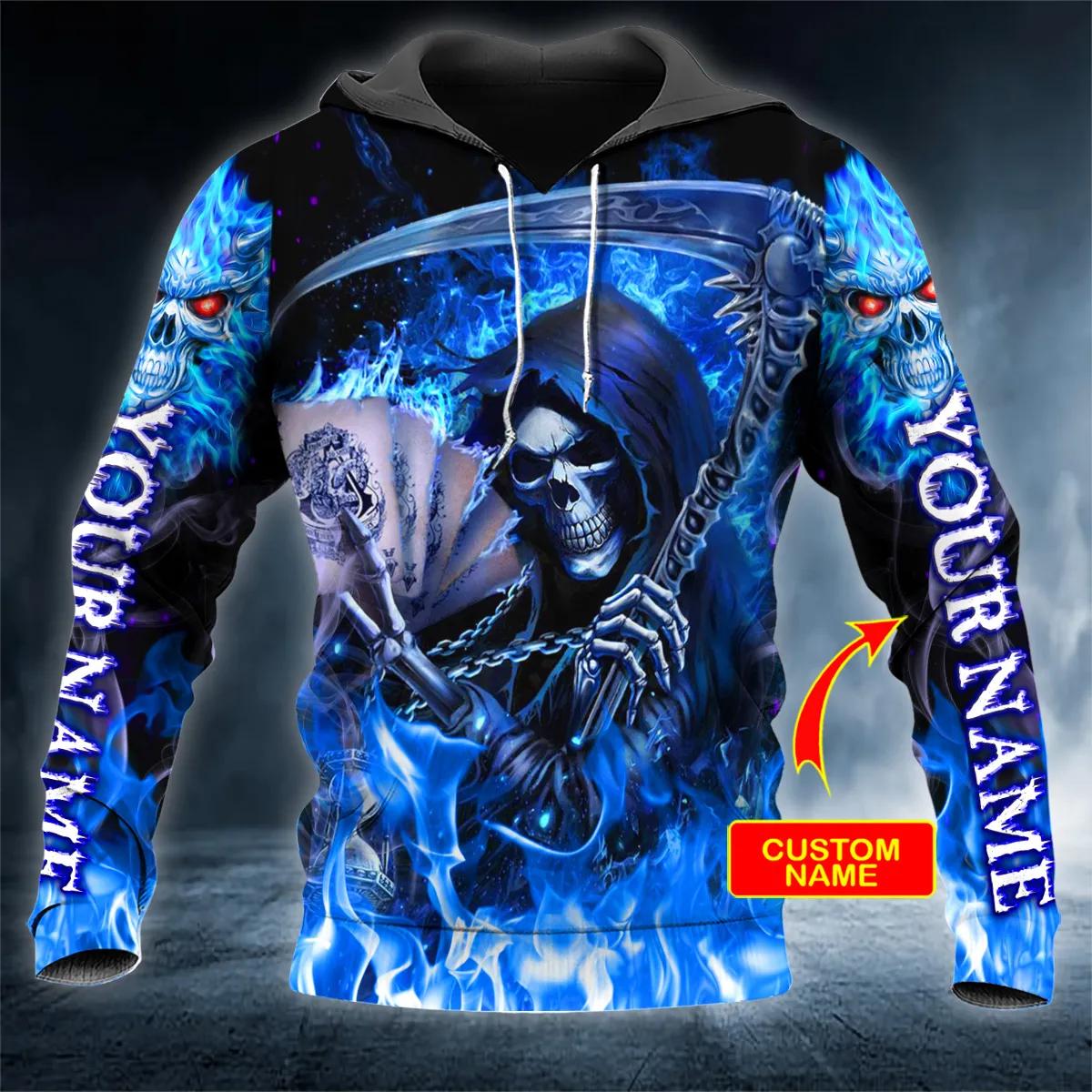 Grim Reaper Blue Fire Skull Custom 3D All Over Print Hoodie