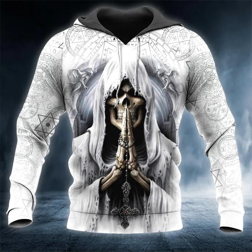 Grim Reaper Pray Skull White 3D All Over Print Hoodie