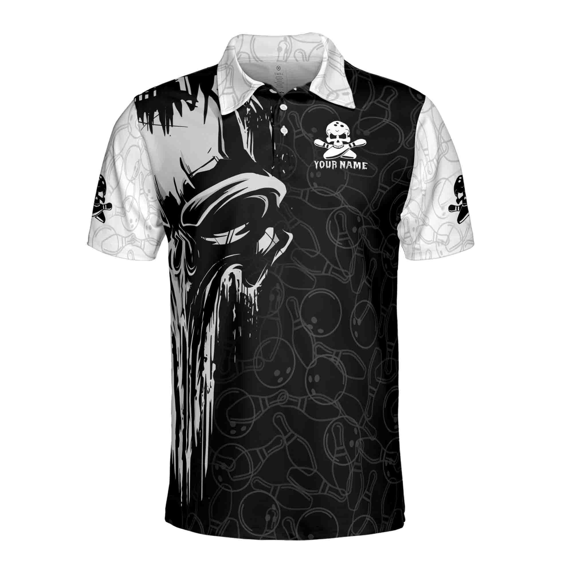 Alternative view of Grunge Skull Bowling Men's Polo Shirt: Personalized Team Name, Black & White Design