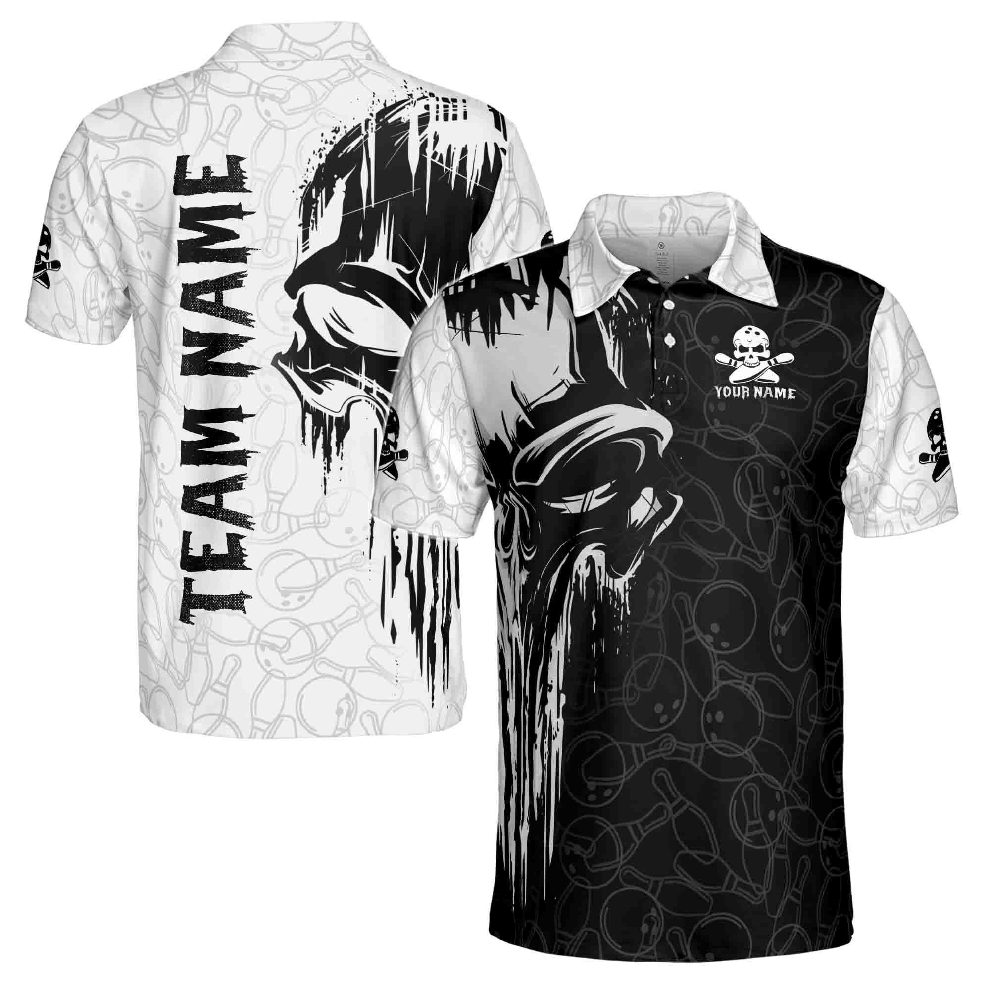 Grunge Skull Bowling Men's Polo Shirt: Personalized Team Name, Black & White Design