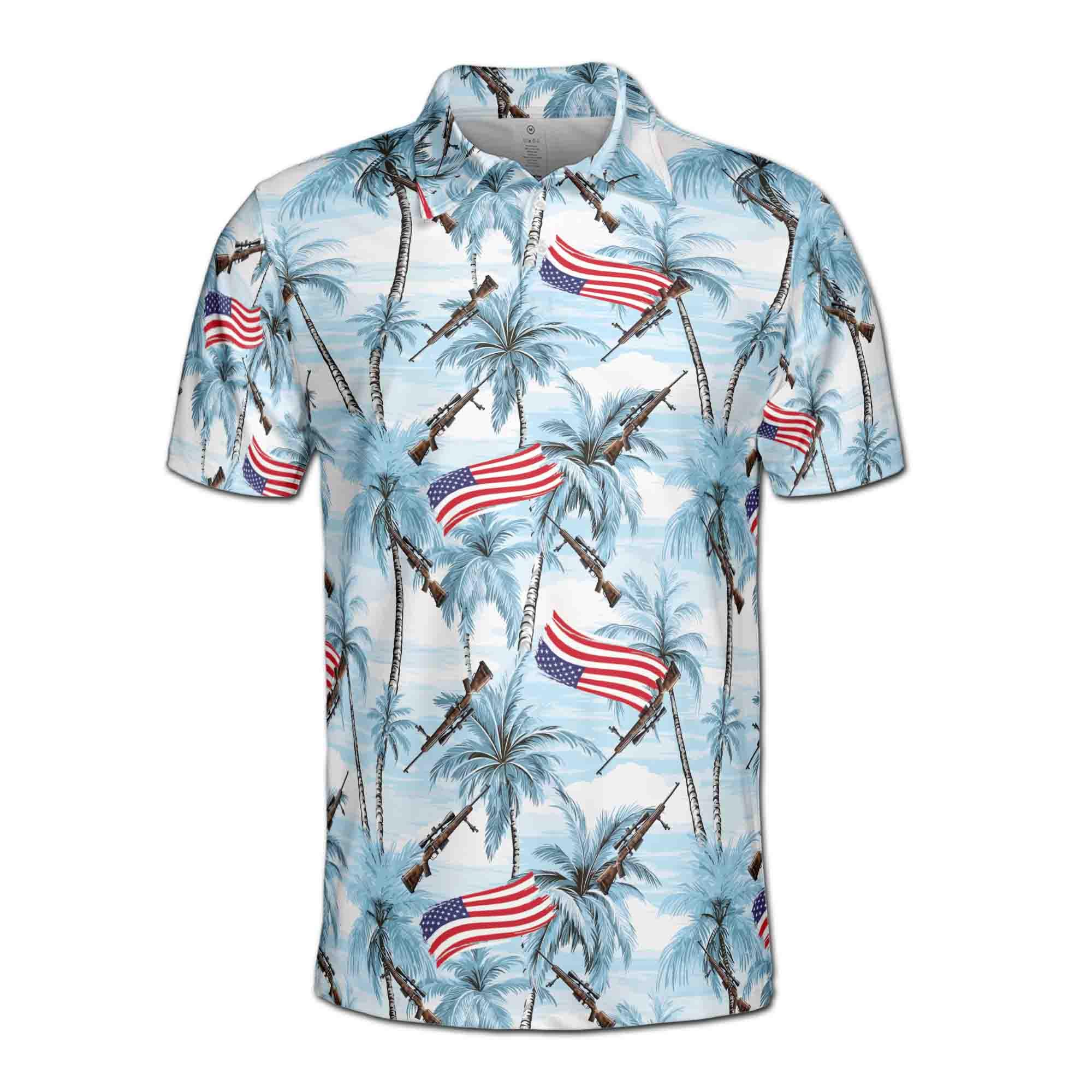 Alternative view of Gun Palm Tree USA Flag Blue 3D Men's Polo Shirt