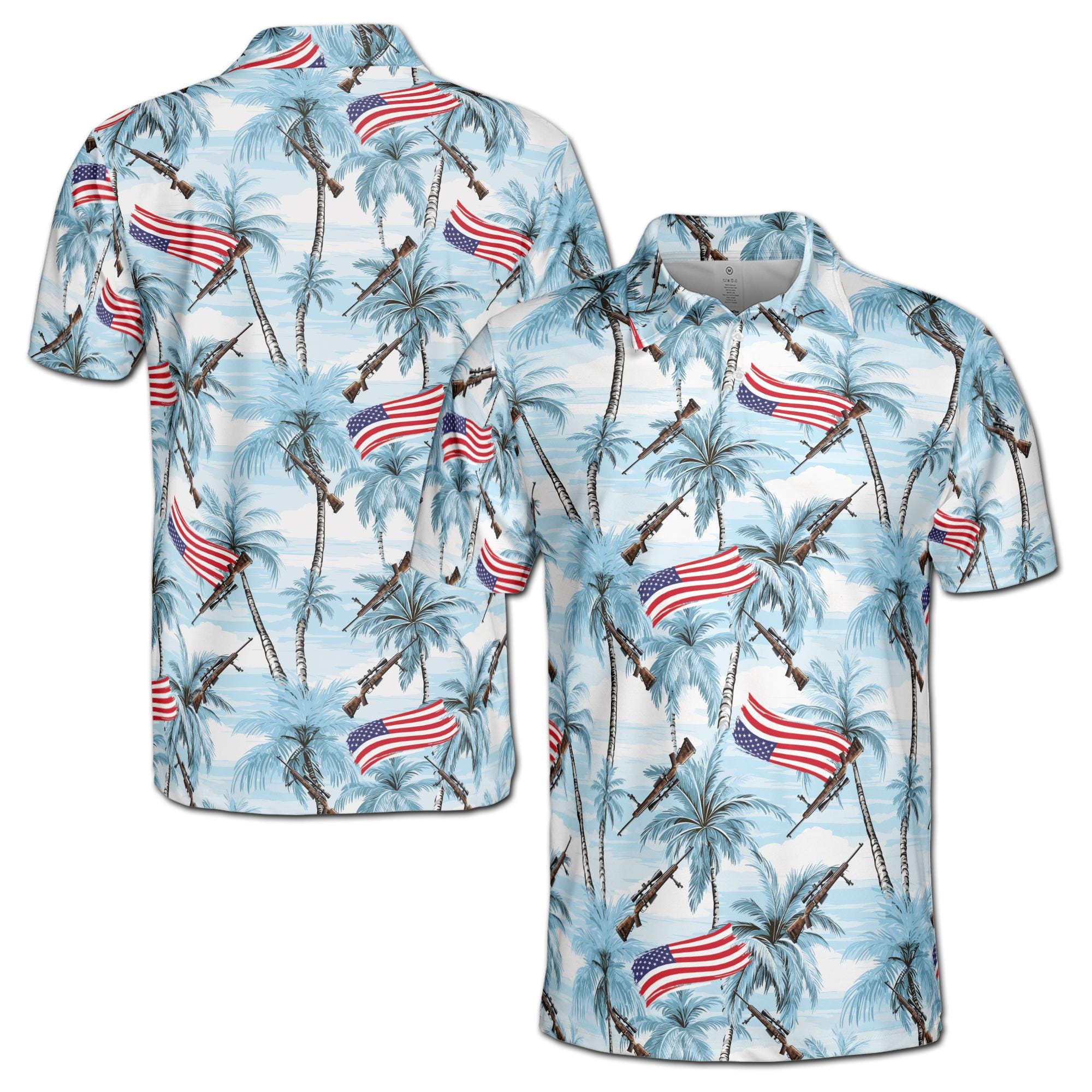 Gun Palm Tree USA Flag Blue 3D Men's Polo Shirt