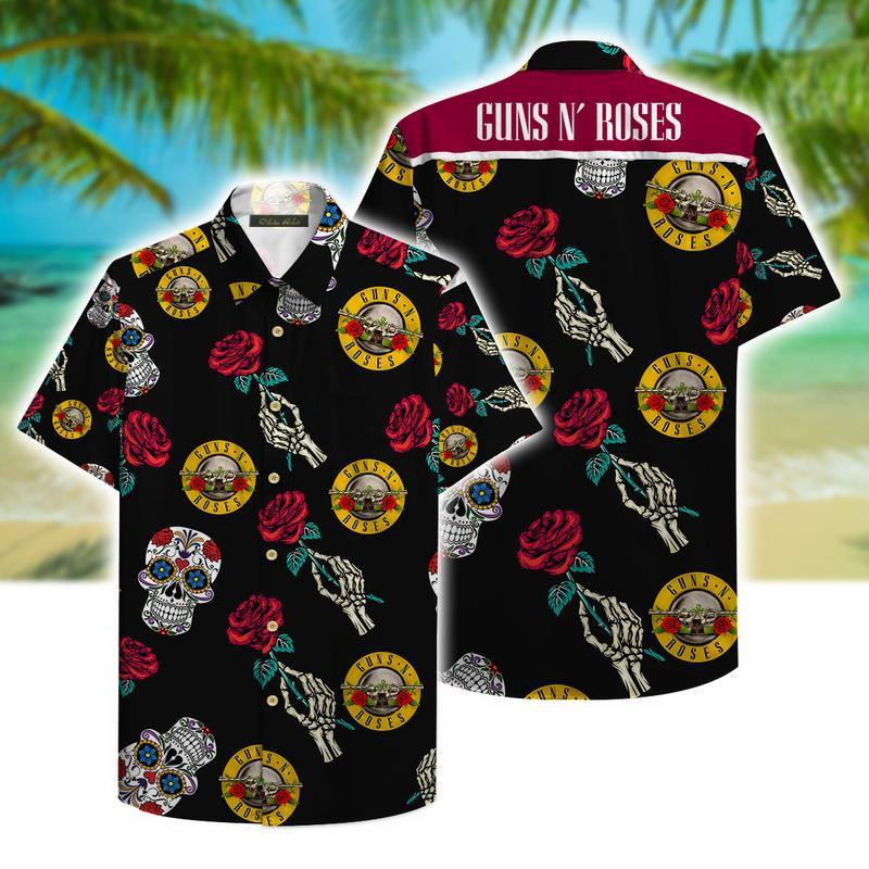 Guns N Roses Music Band Sugar Skull Hawaiian Shirt Tropical Aloha Button Up