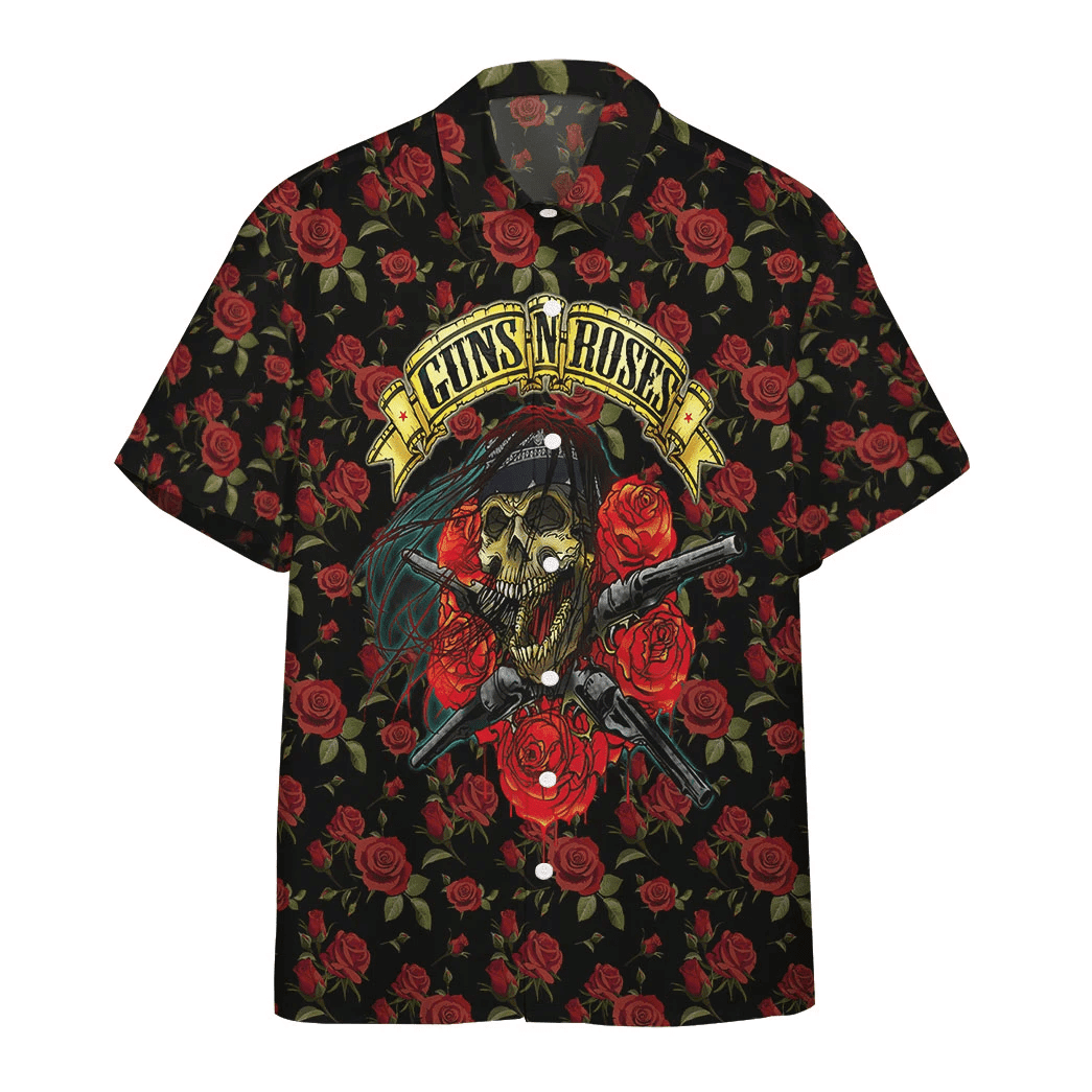 Guns N Roses Pirate Skull Vintage Hawaiian Shirt Tropical Aloha Button Up
