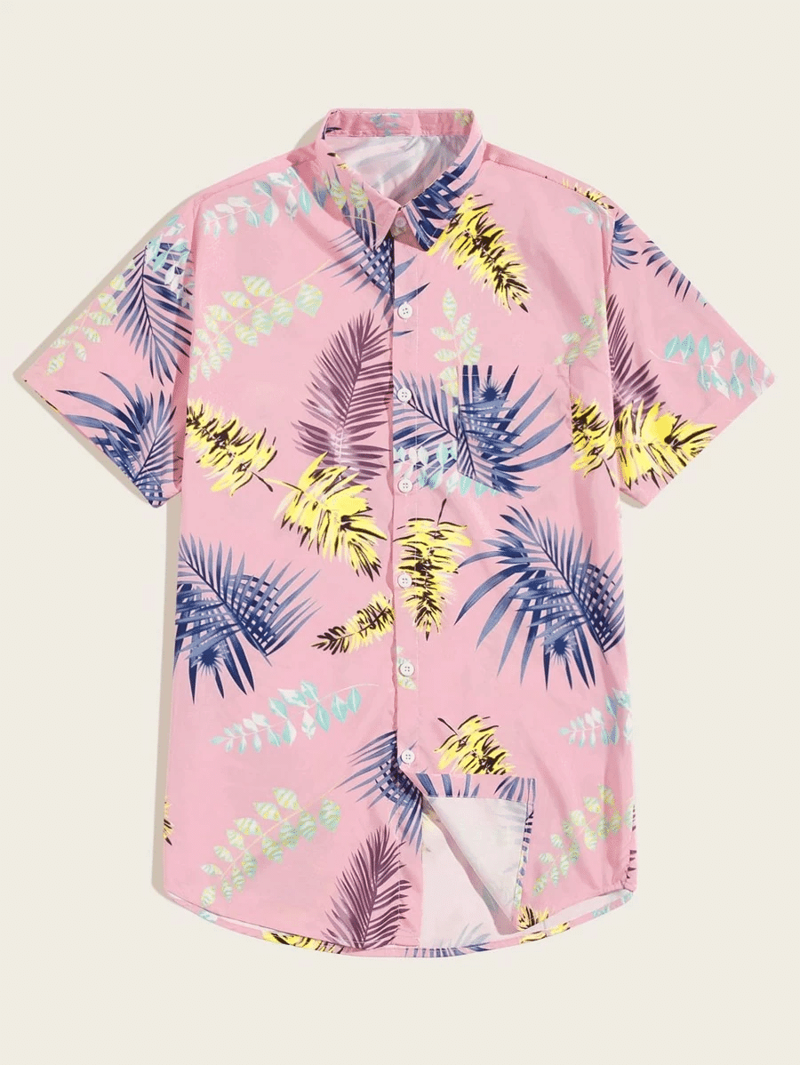 Guys Tropical Print Hawaiian Shirt Tropical Aloha Button Up