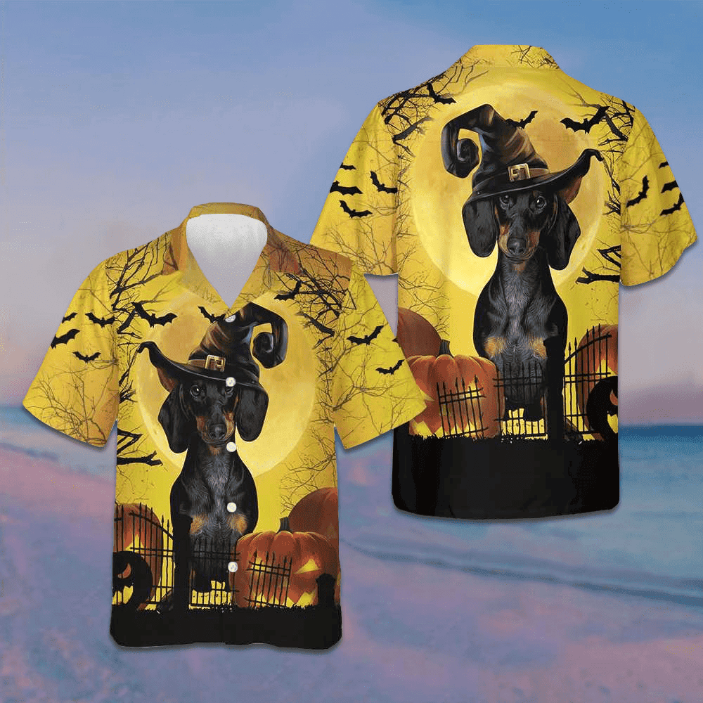 Halloween Dachshund In witch Hat Hawaiian Shirt Halloween Button Up Shirt Gift Ideas