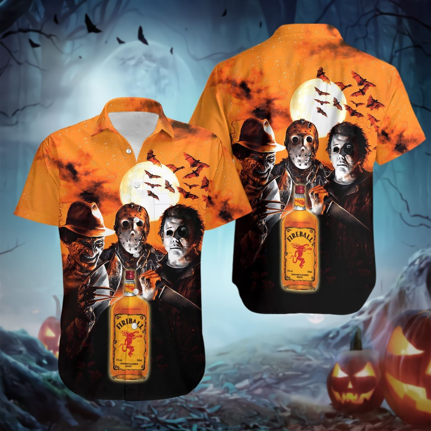 Halloween Fireball Whiskey Horror Characters Hawaiian Shirt Tropical Aloha Button Up