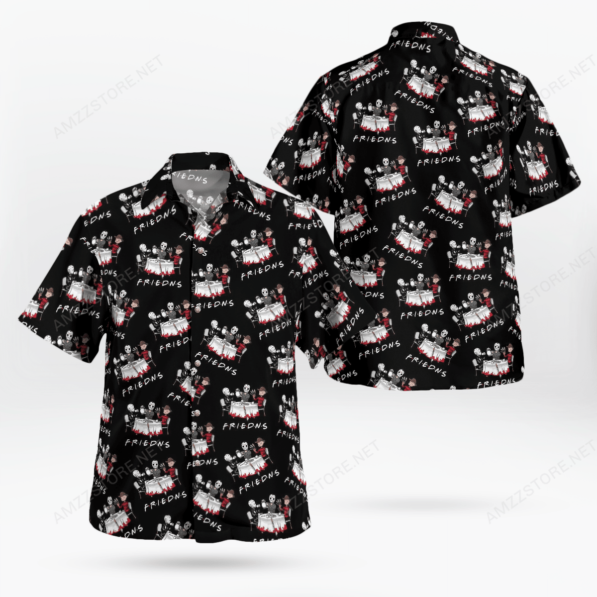 Halloween Friend Horror Characters Dinner Hawaiian Shirt Tropical Aloha Button Up