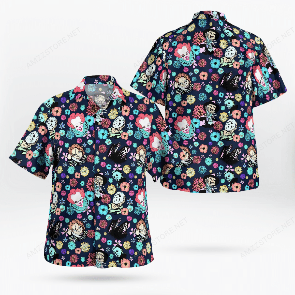 Halloween Horror Characters Tiny Flower Hawaiian Shirt Tropical Aloha Button Up