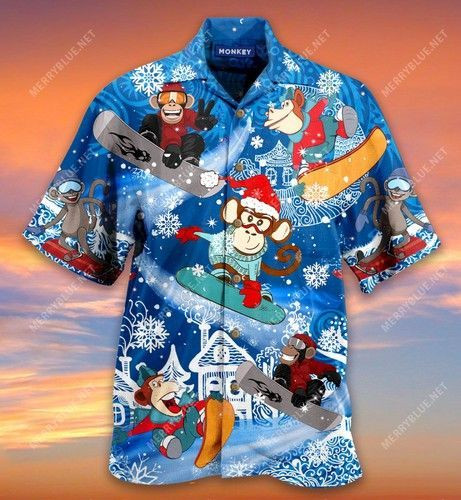 Happy Monkeys Snowboard Hawaiian Shirt Tropical Aloha Button Up