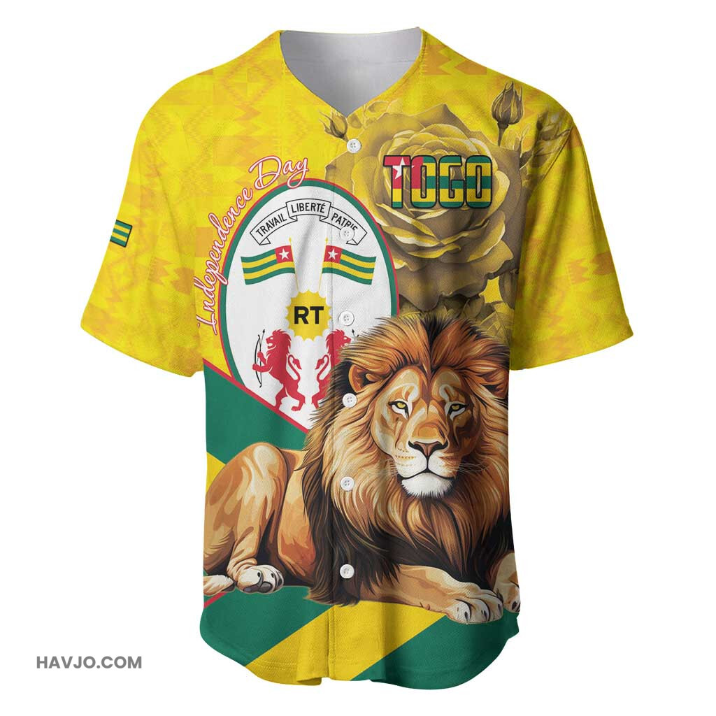 Happy Togo Independence Day Lion With Coat Of Arms Kente Pattern Baseball Jersey